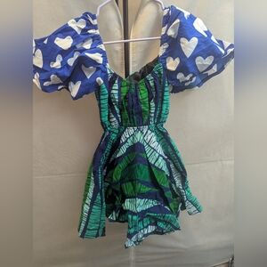 Blue and Green Off Shoulder Heart Patterned Women's Jumpsuit